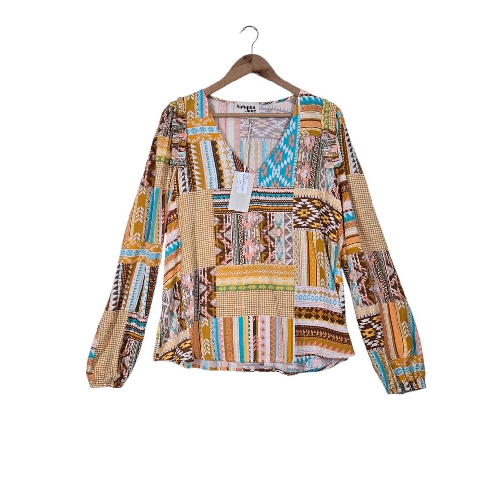Savanna Jane Top sz L Multicolor Mixed Patchwork Aztec Print Long Sleeve Ruffle